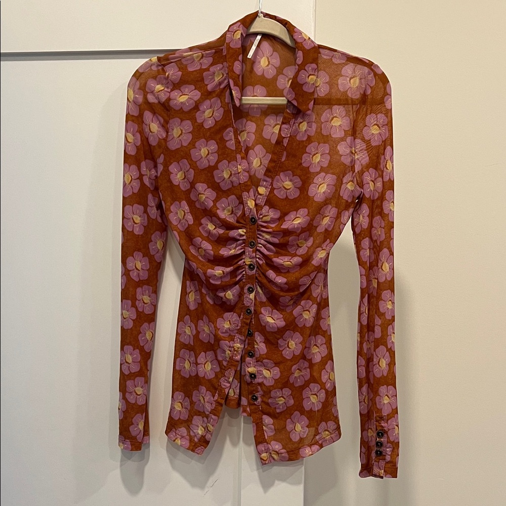 Free People Mesh Long Sleeve Cinched Blouse Size S